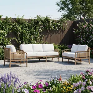 Contemporary Wood Outdoor <b>Garden</b> Sofa One Seat with White Cushion Durable Design for Patio Use - Product Image 3