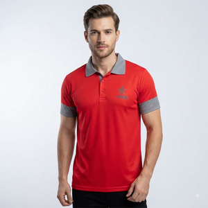 Polo pour homme rouge et gris avec col contrastant, empiècements aux manches, logo personnalisé, vêtements de sport, vêtements de travail, polo de golf, vente en gros - Product Image 1