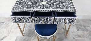 Decorative Accent Furniture Hollywood Glam <b>Vanity</b> Table With Black White Pattern Brass Frame And Matching <b>Stool</b> For Bedroom - Product Image 2
