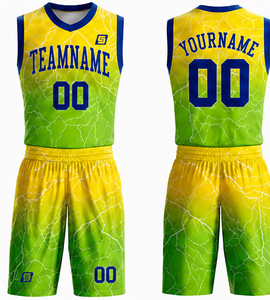 Conjunto de Uniforme de Baloncesto Sublimado Personalizado, 100% Poliéster, Cintura Elástica, Patrón de Mármol Amarillo y Verde, Sin Mangas, Cuello en V, Absorbe la Humedad - Product Image 1