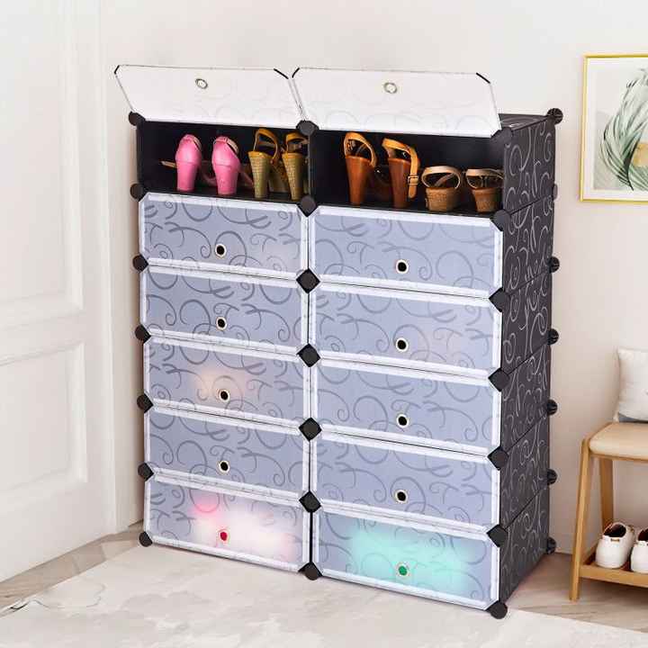 12-Cube DIY Portable Plastic Shoe Rack with Transparent Doors for Cube Storage Bins