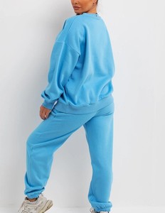 Conjunto Deportivo Azul Sólido para Mujer, Talla Grande, Cuello Redondo, Manga Larga, Corte Holgado, Informal, Pantalones Deportivos, Otoño, 100% Algodón, Peso Medio - Product Image 2
