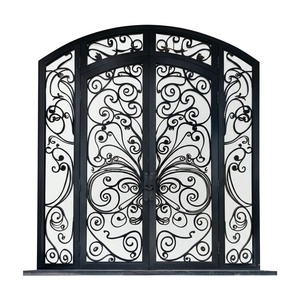 Portes doubles extérieures en fer forgé et verre sur mesure, style asiatique, en acier forgé à la main, résistantes à l'eau, par KHP - Product Image 1