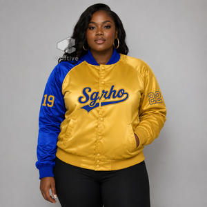 Veste universitaire en satin bleu contrastant doré pour femmes Sigma Gamma Rho, avec boutons pression sur le devant, col et poignets en tricot côtelé, tenue universitaire - Product Image 5