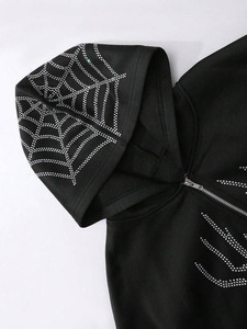 เสื้อฮู้ดซิปผู้ชายแบบครอปพิมพ์ลายแมงมุมประดับเพชร ผ้าฝ้ายฟลีซหนานุ่ม ทรงโอเวอร์ไซส์ สไตล์สตรีทแวร์ รับผลิตตามสั่ง - Product Image 4