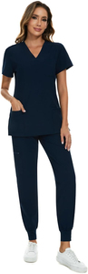 Ensemble d'uniformes médicaux classiques : Blouse à manches courtes et pantalon à cordon, confortable et respirant en tissu tricoté pour hôpital et clinique - Product Image 3