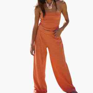 New Arrival Orange Pink Striped Strapless Dress <b>Knitted</b> Casual Spring Summer Sleeveless Top Wide Leg Pants Co-ord <b>Set</b> For Women - Product Image 1