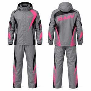 RAIN Men's <b>Waterproof</b> Sporty Hooded Rain Suit Gray <b>Pink</b> Color Blocking PU Coated Zipper Closure - Product Image 1