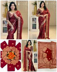 Sari Étnico Indio de Lujo con Estampado de Lámina Dorada y Blusa a Cuadros en Contraste, Tradicional para Bodas, Estilo Antra, Protección Solar, Sin Arrugas - Product Image 2