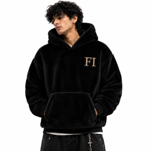 Wholesale Heavyweight Black <b>Sherpa</b> Oversized Fit Men's <b>Hoodies</b> with Embossed Back Design Streetwear Winter Pullover USA Supplier - Product Image 1