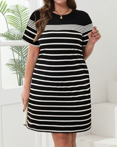 Plus Size Women's Striped Crew Neck Short Sleeve Knitted 100% Cotton Eco-Friendly Dress Casual Style Black White Pattern Regular - Product Image 6