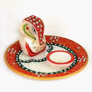 Designer Marble Gemstone Work Pooja Thali with Small Ganesha Sculpture Handmade for Home Decoration & Diwali Ramadan Gifting - Product Image 2
