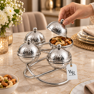 Juego de Servir Condimentos de Acero Inoxidable Plateado Martillado, 4 Cuencos con Tapa, Soporte Metálico Entrelazado, Porta Frutos Secos, Juego de Vajilla - Product Image 2