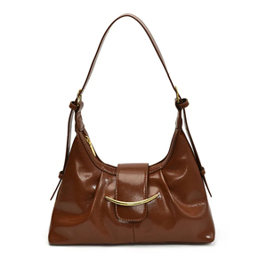 Sac à bandoulière hobo en cuir véritable marron pour femme, fermeture à rabat classique, décorations métalliques, sac à main pour usage quotidien - Product Image 1