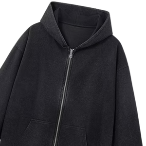 Men Black Acid Washed Zip Hoodie Oversized Heavyweight 100% Cotton <b>Fleece</b> Winter <b>Jacket</b> Streetwear Vintage Custom Logo Boxy - Product Image 2