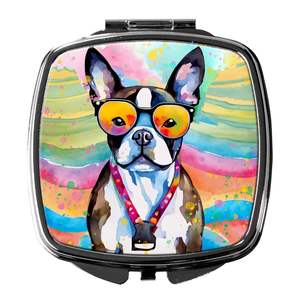 Women's Compact Folding Handheld Travel Makeup <b>Mirror</b> Boston Terrier Hippie Dawg Decorative <b>Pocket</b> Gift for Girls - Product Image 1
