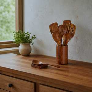 Ensemble d'ustensiles de cuisine professionnels modernes en bois naturel, plaqués or rose, avec manches longs, spatules, cuillères, louches et outils durables - Product Image 3