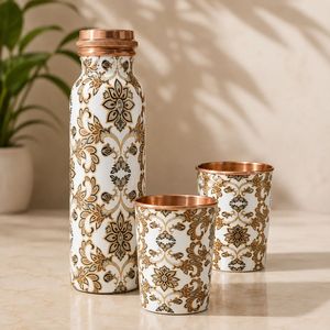 Floral Pattern Copper Water <b>Bottle</b> with 2 Glasses Reusable <b>Vintage</b> Design Portable Drinkware Set for Home Office & Outdoor Use - Product Image 3