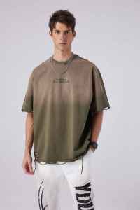 T-shirt décontracté surdimensionné en coton 100% lavé vert de haute qualité, style streetwear, effet usé, pour hommes - Product Image 5