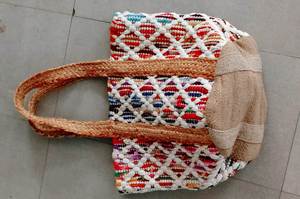 Bohemian Jute Tote Bag With Diamond Lattice Pattern Crisscross Design Casual Shoulder Bag For Women Daily Use - Product Image 2