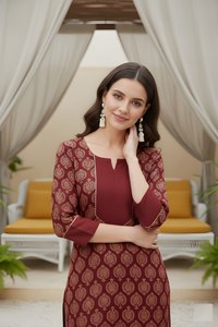 Conjunto de Kurta y Pantalón Recto de Algodón Estampado Color Granate, Cuello Redondo, Largo hasta la Pantorrilla, Traje Étnico para Uso Diario para Mujer, Tallas M, L, XL, XXL - Product Image 4