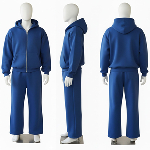 Ensemble de survêtement unisexe en coton bleu à capuche avec fermeture éclair, manches longues, couleur unie, sweat-shirt et pantalon décontractés pour adultes, vêtements d'automne - Product Image 4