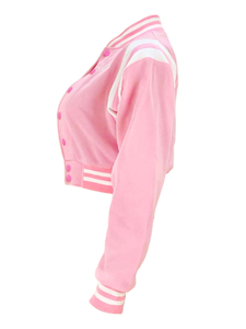 Blouson Teddy Rose Femme en Gros, Manches Longues, Col Montant, Bordures Contrastantes, Coupe Courte, en Polyester, Vêtement d'Extérieur pour l'Automne - Product Image 6