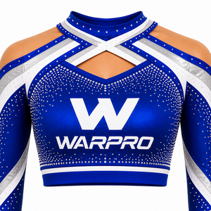 WARPRO Cheerleading Uniform Set Blue Silver <b>Rhinestone</b> Sublimation Print Long Sleeve <b>Crop</b> <b>Top</b> Skirt Adult Women - Product Image 4