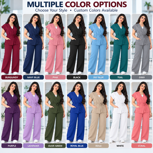 Ensemble de blouses médicales unisexe bordeaux, haut à col en V avec ceinture et pantalon évasé, uniforme d'hôpital en toile de polyester tissée - Product Image 6