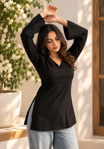 Blusa Étnica Negra de Manga Larga con Cuello en V para Mujer, Corte Holgado, Algodón, Estilo Informal, Estilo India Pakistán, para Todas las Temporadas - Product Image 3