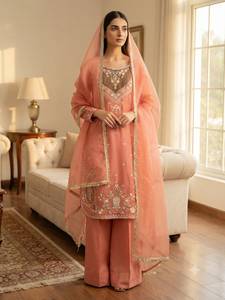 Conjunto de traje Salwar Kameez de gasa bordada morada para mujer con dupatta, cuello en V, largo completo, elegante, para fiesta - Product Image 3