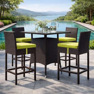 Juego de Bar de 5 Piezas de Mimbre Sintético Resistente al Agua para Exteriores con Taburetes Acolchados, Muebles Modernos para Patio, Hotel, Piscina y Jardín - Product Image 1