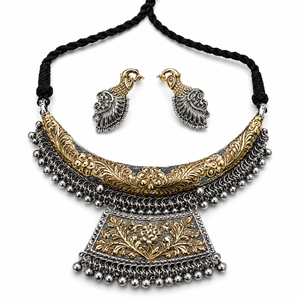 Two-Tone Oxidized <b>Silver</b> Black Zinc Plated Vintage Flower Design Rajwadi Tribal <b>Choker</b> Necklace Earring Set Ghungroo Anniversary - Product Image 1