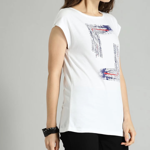 T-shirt blanc à manches courtes pour femme avec logo imprimé, col rond, jersey décontracté respirant, coupe classique, à porter toute l'année - Product Image 5