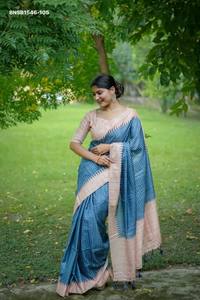 High Quality Tussar Silk with Checks-Printed & Kantha Weaving Border & Kantha Lining Pallu with Tassels Saree-Blouse Saree <b>Love</b> - Product Image 5