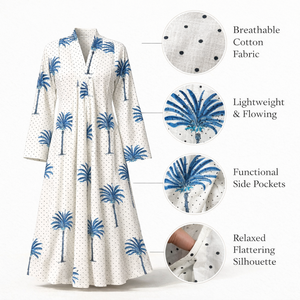 เดรสผ้าฝ้ายพรีเมียมพิมพ์ลายต้นปาล์ม คอวี แขนยาว มีกระเป๋าข้าง สไตล์คาลิ ทรงบานลำลอง สำหรับผู้หญิง ความยาวปานกลาง - Product Image 3