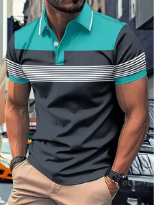 Polo homme tendance été, motif géométrique simple et stylé, imprimé 3D, streetwear cool, coupe oversize - Product Image 3