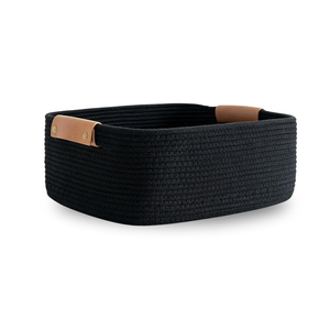 Panier de rangement rectangulaire tissé avec poignées en cuir, design minimaliste pour l'organisation du salon, 50x40x30cm, fibre de rotin - Product Image 1