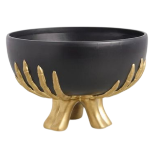 Bol de service en métal mains de squelette Halloween, noir mat, avec piédestal doré, pour bonbons et centre de table fruité - Product Image 1