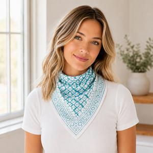 Cotton <b>Square</b> Bandana Geometric Pattern Blue White Casual Summer <b>Scarf</b> Breathable Lightweight Wrap - Product Image 1