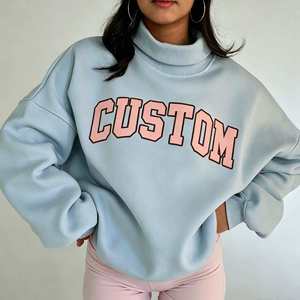 Sweat-shirt surdimensionné personnalisé pour femme, col roulé, bleu clair, imprimé lettres rose, épaules tombantes, manches longues, automne, coton, col montant - Product Image 6