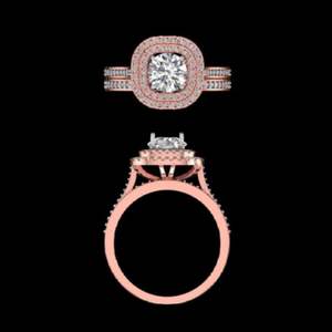 Anillo de compromiso redondo de oro rosa con doble halo y banda pavé de tallo dividido para mujer, regalo de joyería nupcial y de aniversario - Product Image 1