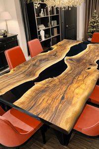 Table à manger en bois massif avec bord naturel et résine époxy, plateau en noyer, design moderne pour l'ameublement de la maison - Product Image 2