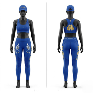 Premium Women Boxing Sports Bra <b>Leggings</b> Set 260g Cotton Compression Fabric Y-line Straps Stand Neckline Crystal Decoration - Product Image 1