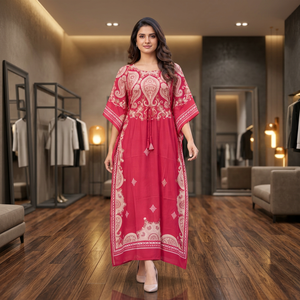 Red Cotton Ethnic <b>Kaftan</b> Dress With <b>White</b> Print Loose Fit Full Length For Women Casual Wear India Pakistan Style - Product Image 1