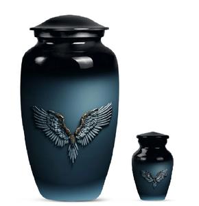 Urna de cremación de aluminio con acabado en degradado azul intenso, emblema de alas de ángel, recipiente para cenizas conmemorativas, recuerdo a juego. - Product Image 1
