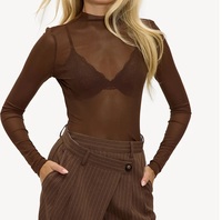 Camiseta de malla transpirable de verano para mujer, informal, con cuello simulado alto, manga larga, transparente, de rejilla, estilo camiseta de malla transparente.