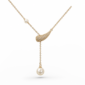 Collar con Colgante Chapado en Oro de 18K con Perla de Imitación y Engaste Pavé, Joyería de Boda para Mujer, Estilo Clásico, Cadena de Serpiente - Product Image 1