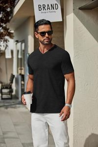 Camiseta de Cuello en V para Hombre, Informal, de Manga Corta, de Algodón, Suave, Transpirable, Ecológica, de Secado Rápido, Ligera, para Verano, Corte Ajustado - Product Image 4