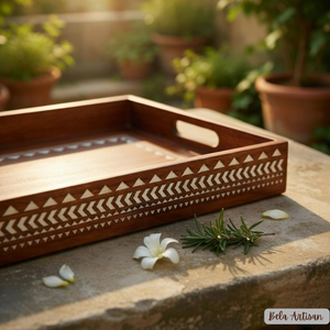 Bandeja de Servir de Madera Hecha a Mano con Incrustaciones de Hueso, Diseño Geométrico, Estilo Moderno de Mediados de Siglo, para Bodas y Diwali - Product Image 2